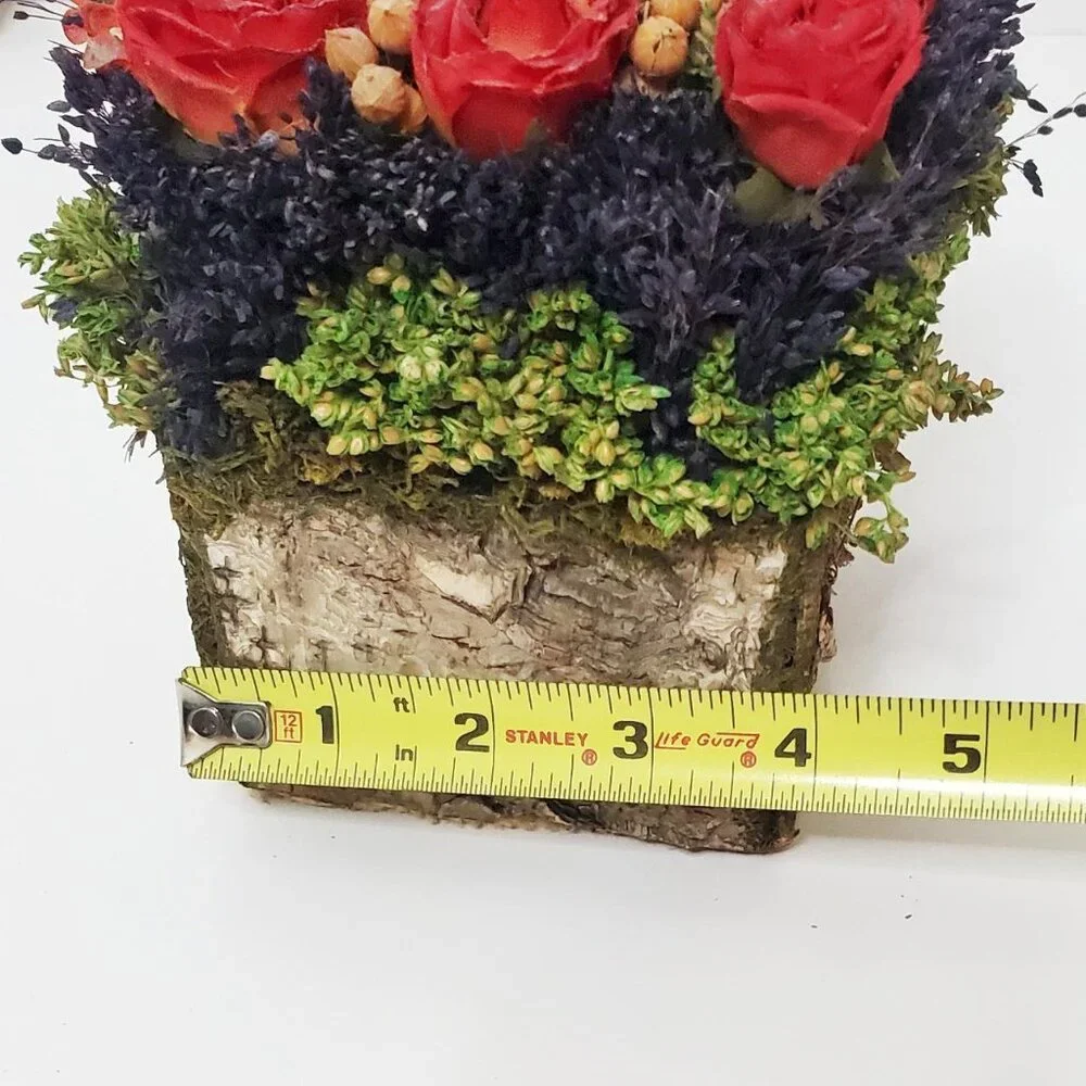 Faux Red Roses & Flowers in tree trunk arrangement home decor (New without box)